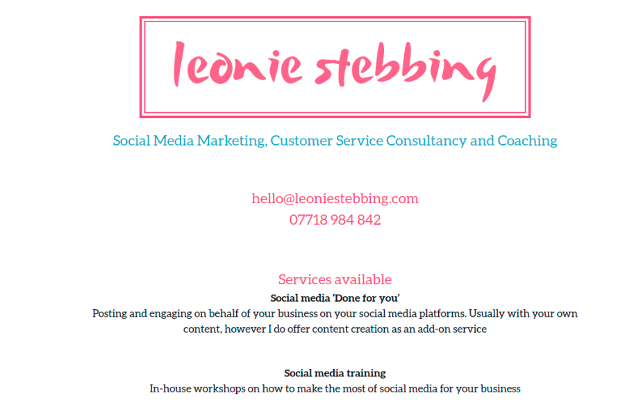 Homepage of website for Leonie Stebbing.