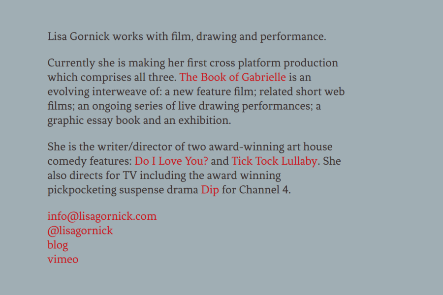 Text-only website of artist Lisa Gornick.