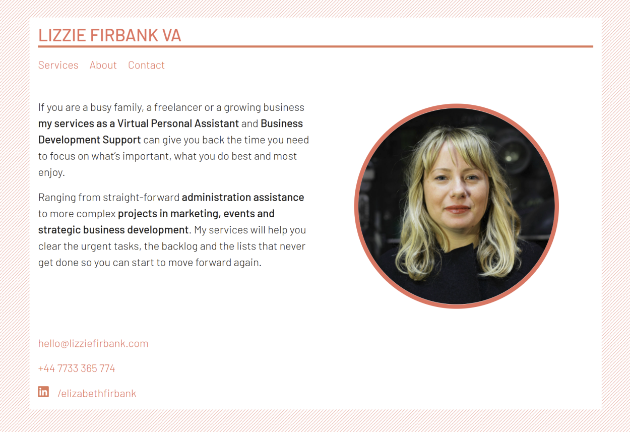 Website homepage of virtual assistant Lizzie Firbank.
