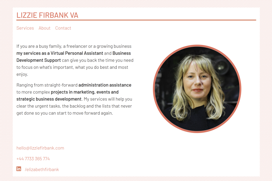 Website homepage of virtual assistant Lizzie Firbank.