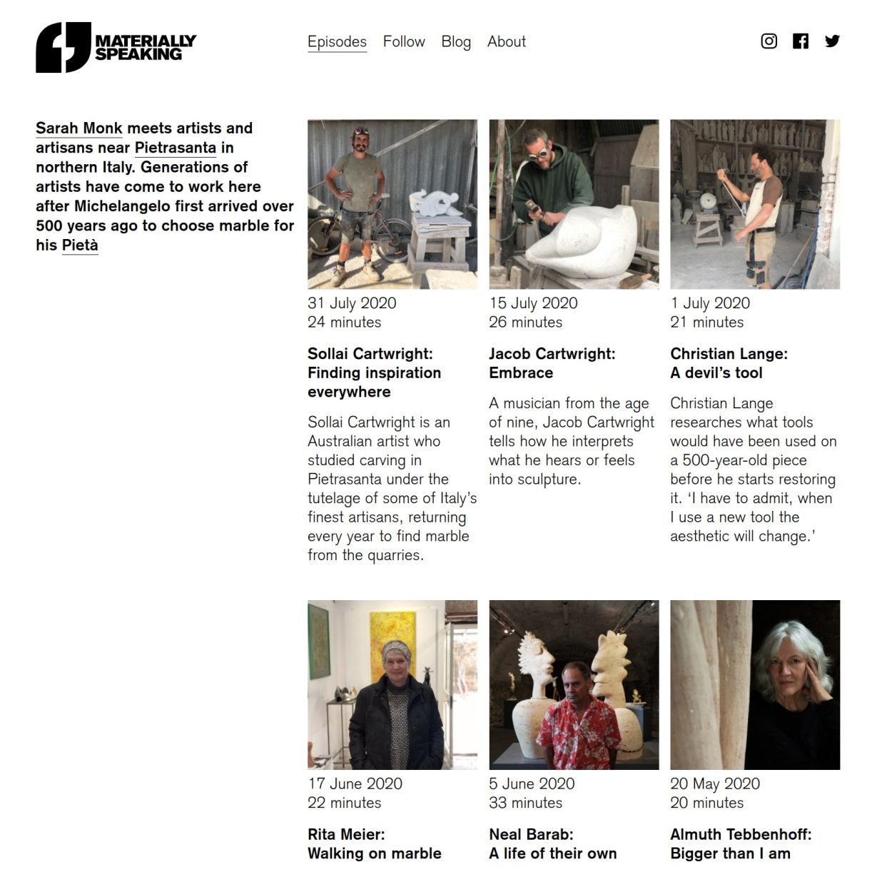 Website screenshot showing podcast episodes with thumbnails photos, release dates and descriptions.