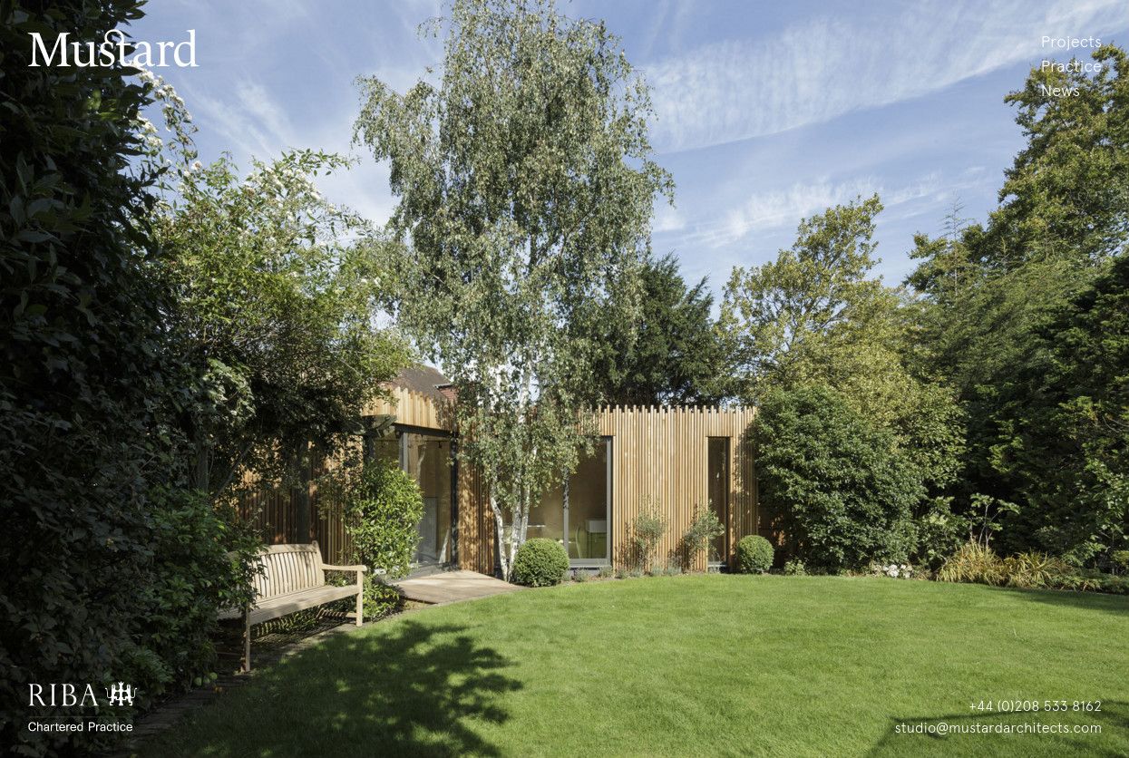 Homepage of Mustard Architects showing a full-bleed image of a garden studio.