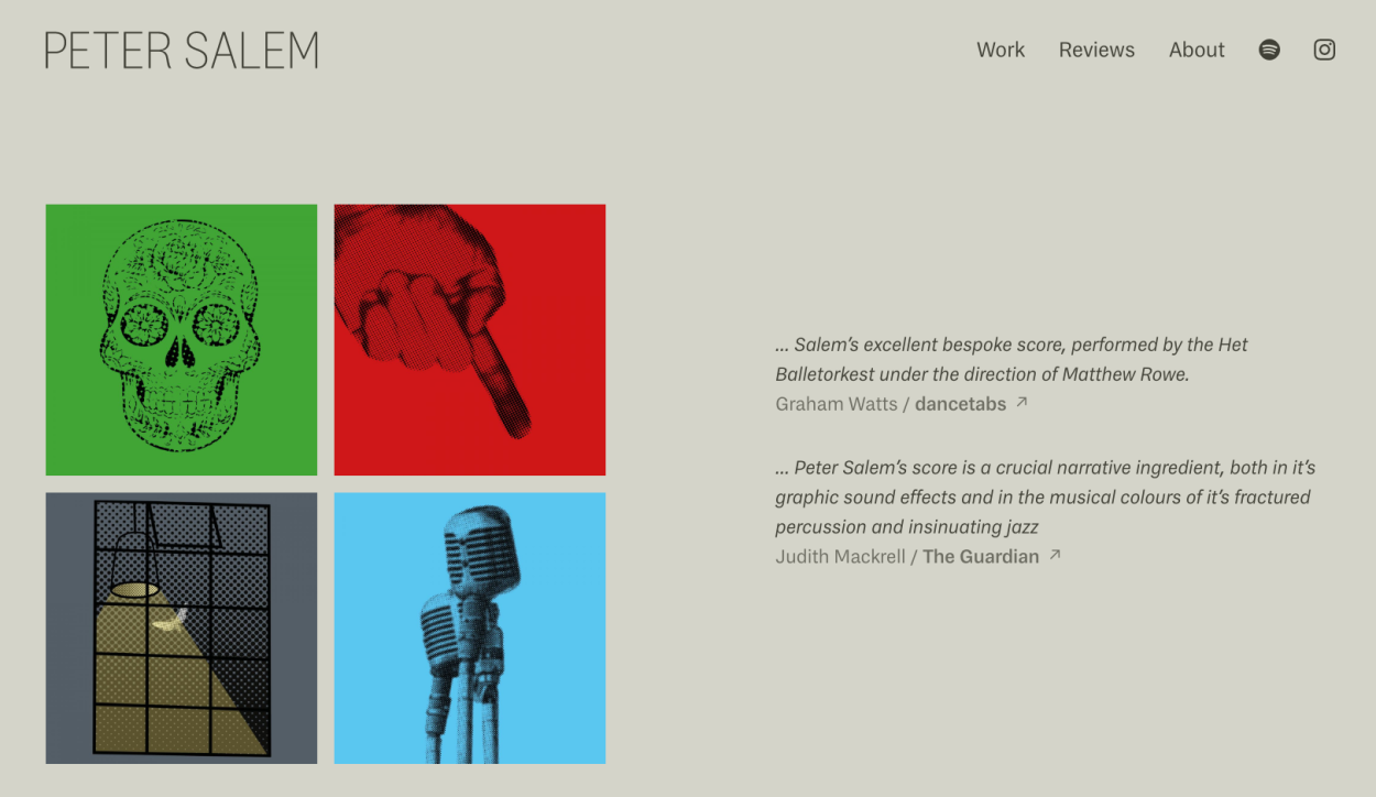 Website screenshot for composer Peter Salem showing some album covers.