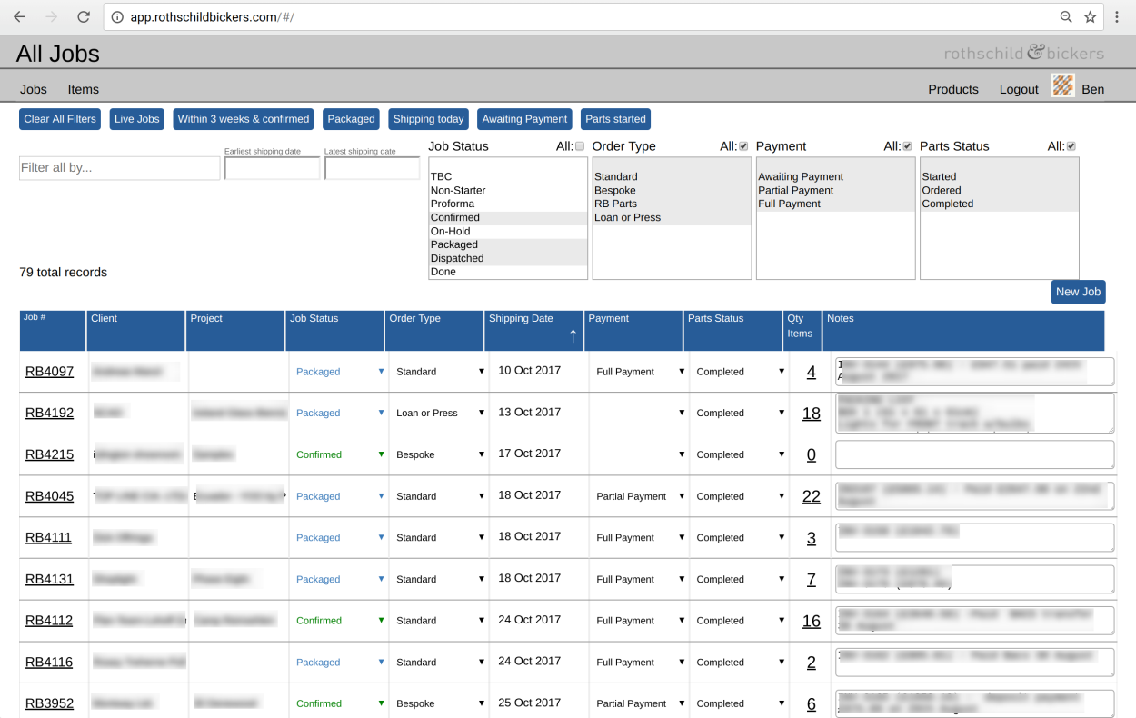 Screenshot of a web app with a table of data.