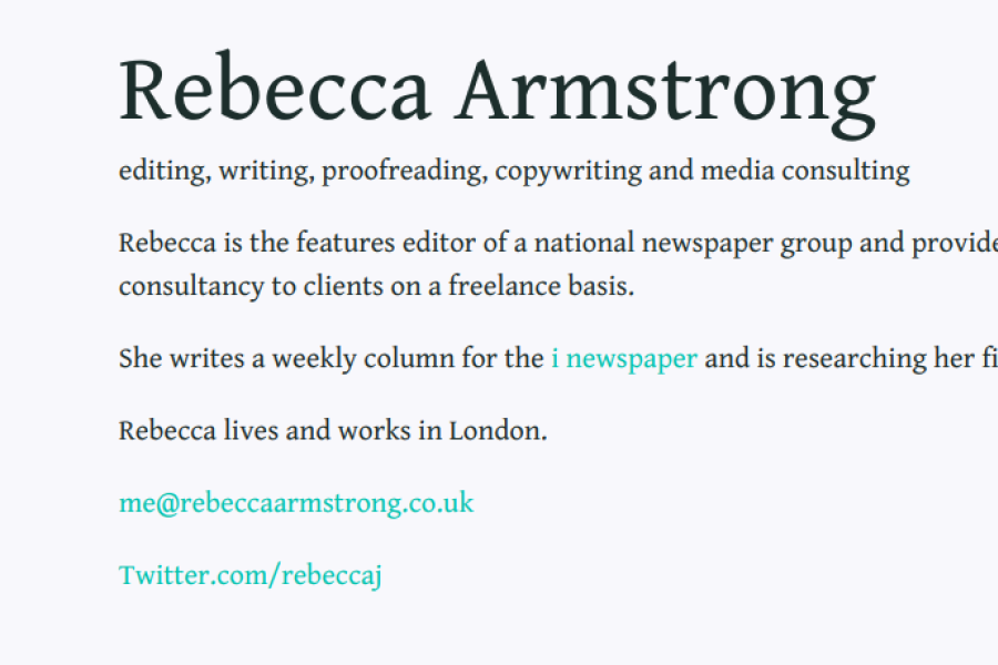 Text only website for Rebecca Armstrong.