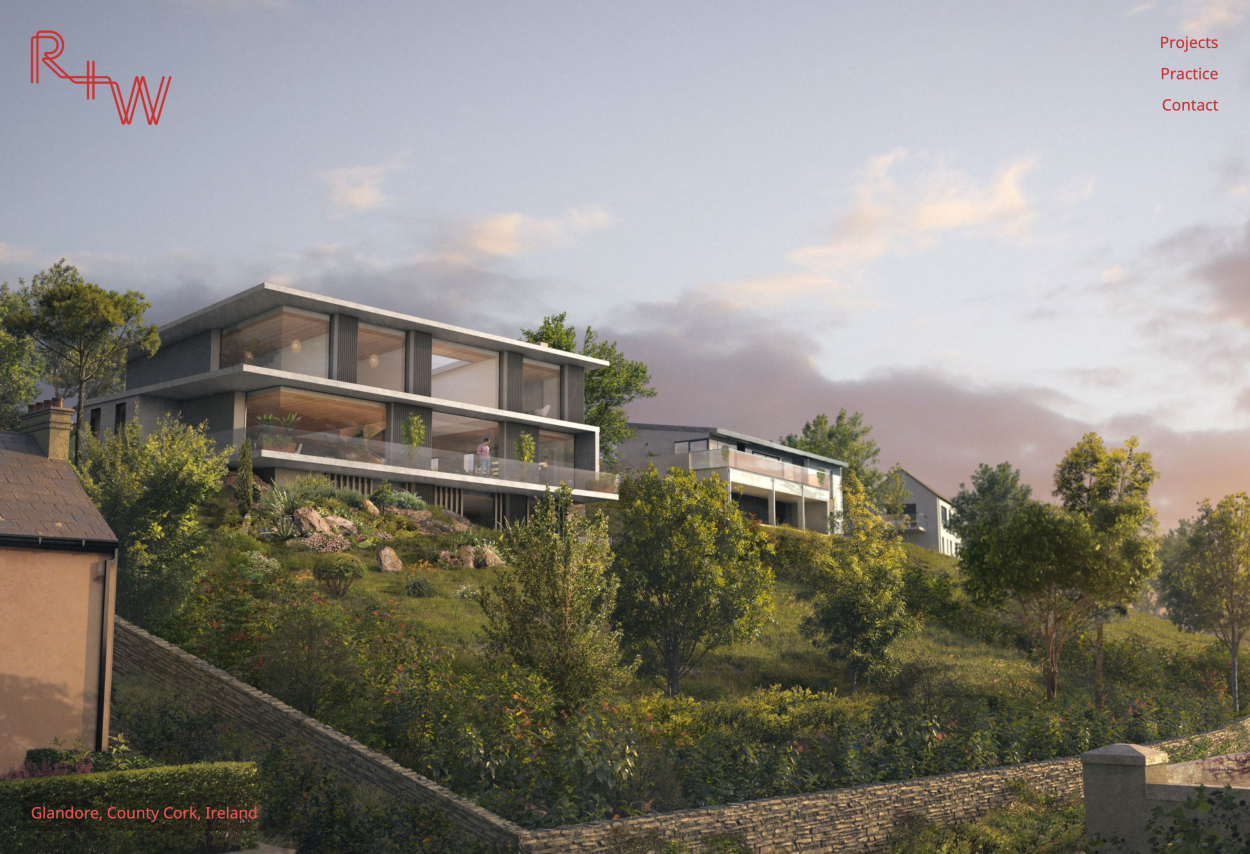 Homepage of R+W Architects showing a modern house on a hill.