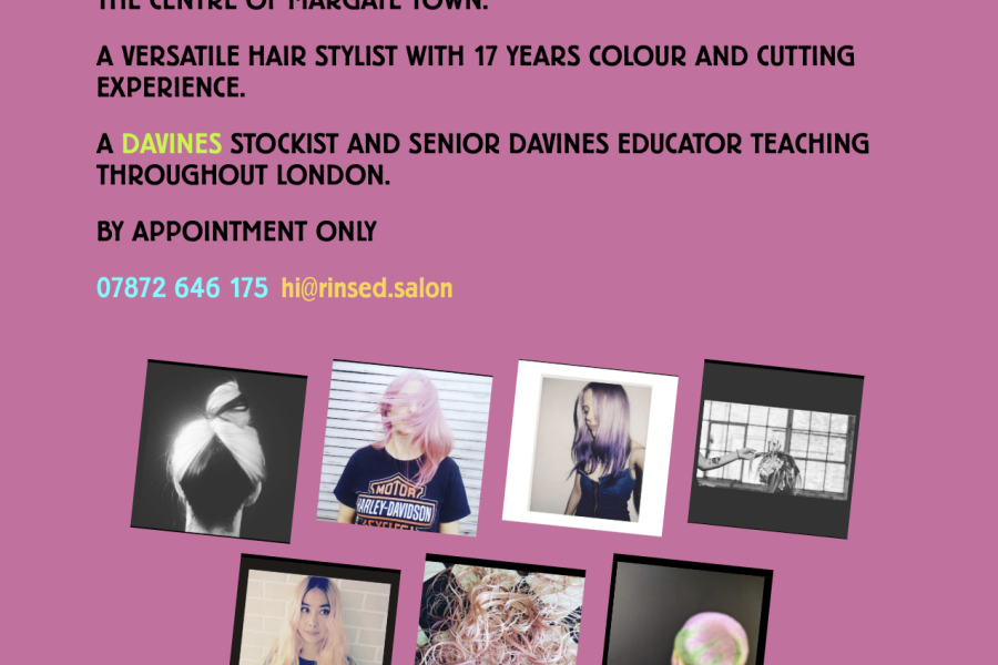 bright pink website for salon 'Rinsed' along with some photos of dyed hair.